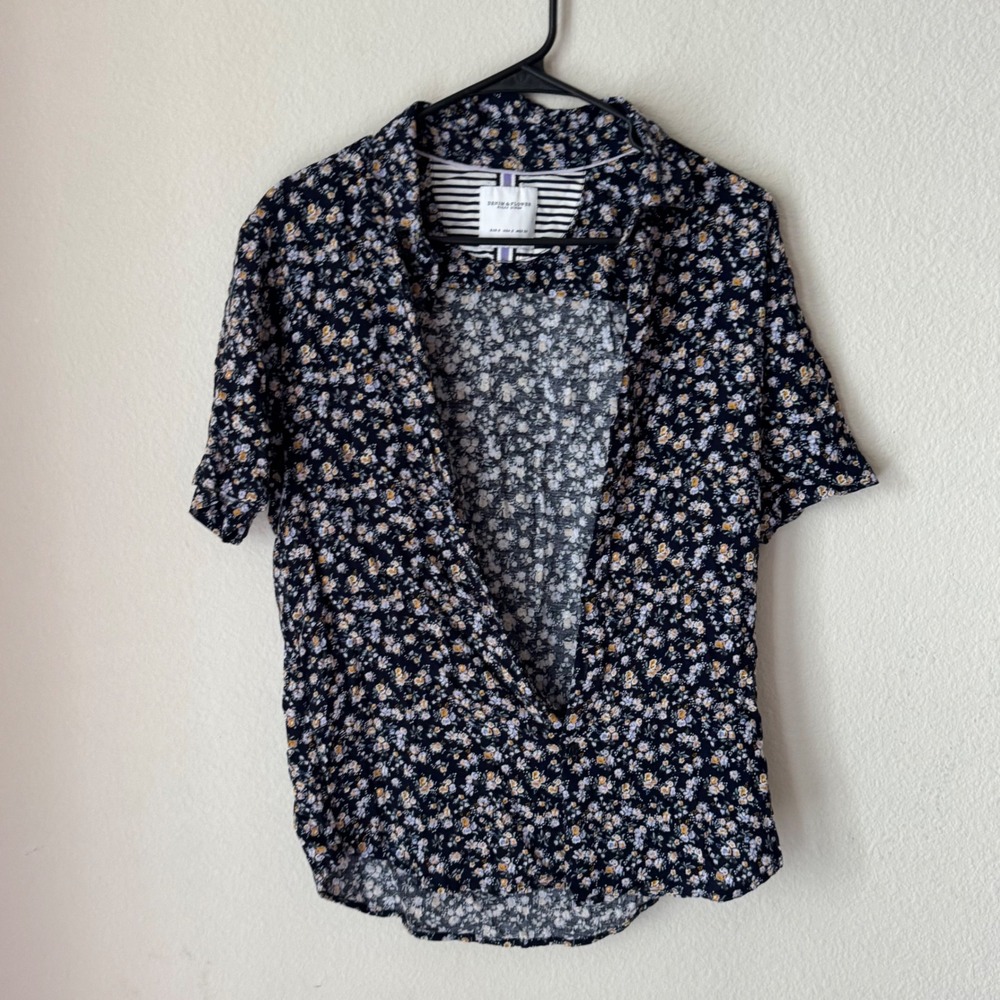 Denim & Flower Ricky Singh Mens Small Navy Ditsy Floral Short Sleeve Button Down